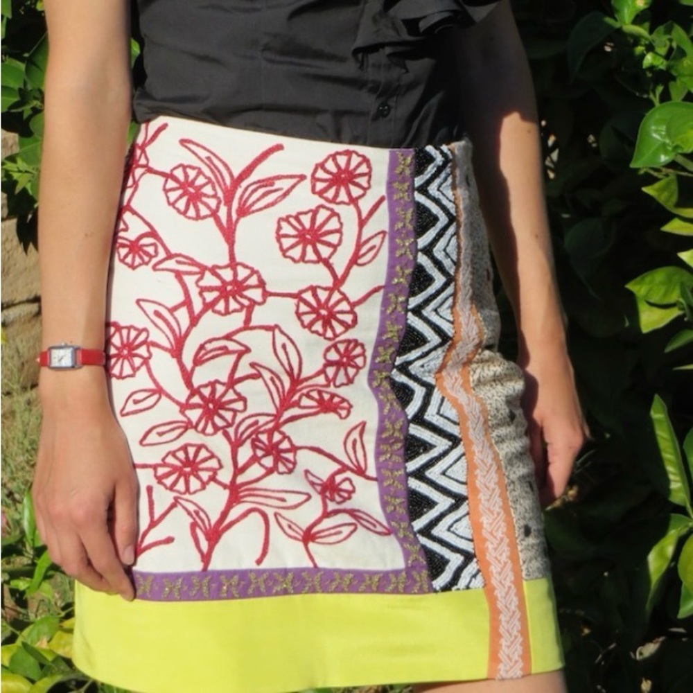 Anthropologie Floral Embroidered Skirt - Red, Cream, Yellow
